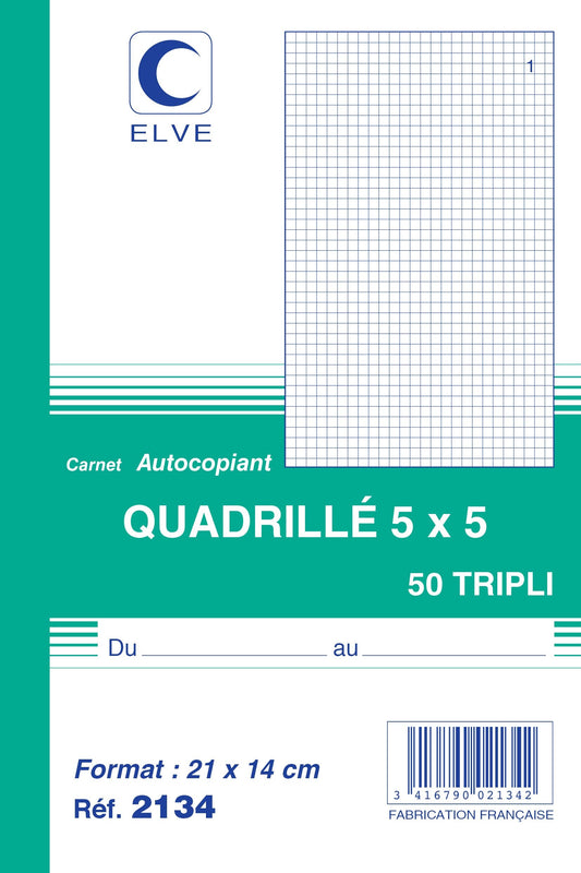Ref: 2134 - Carnet quadrillé 5*5 - A5 - 50 tripli - vendu par 10