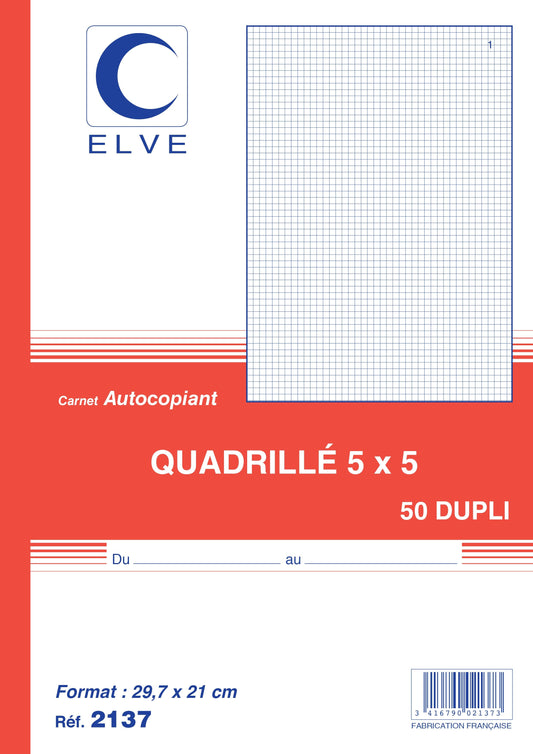 Ref: 2137 - Carnet quadrillé 5*5 - A4 - 50 dupli - vendu par 5