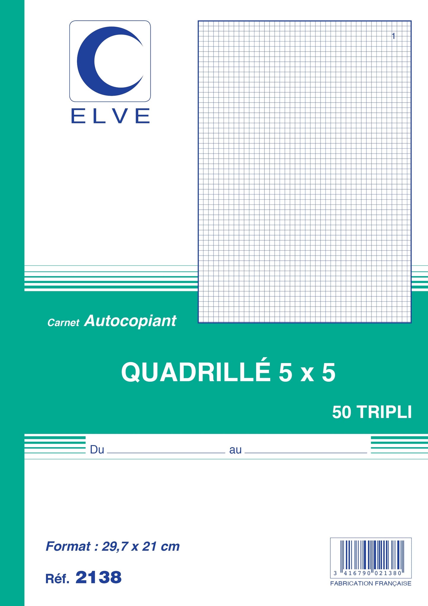 Ref: 2138 - Carnet quadrillé 5*5 - A4 - 50 tripli - vendu par 5