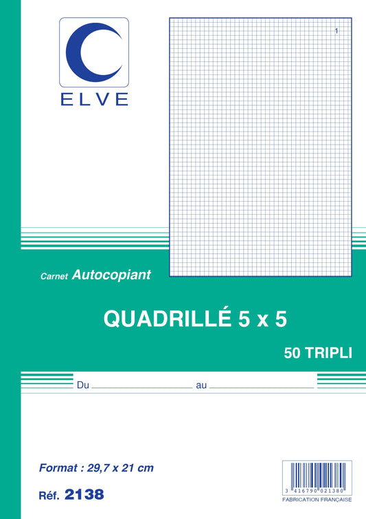 Ref: 2138 - Carnet quadrillé 5*5 - A4 - 50 tripli - vendu par 5