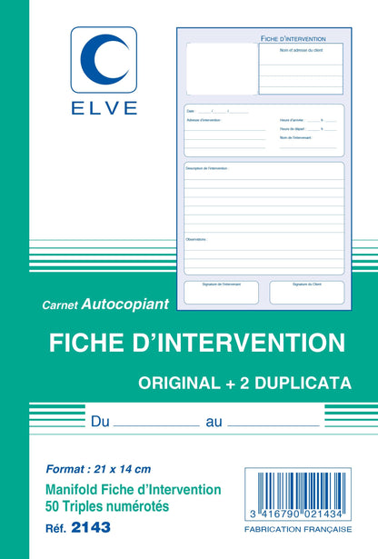 Ref: 2143 - Carnet "Fiches d'intervention" A5 - 50 tripli - vendu par 10