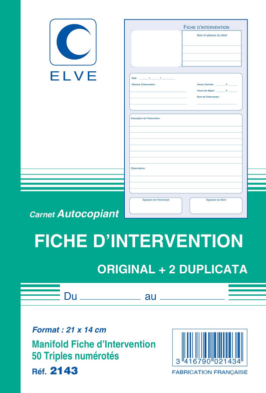Ref: 2143 - Carnet "Fiches d'intervention" A5 - 50 tripli - vendu par 10
