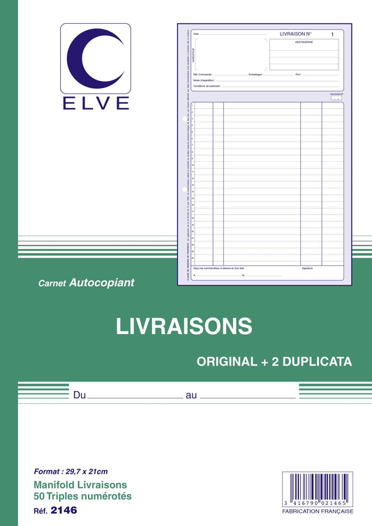 Ref: 2146 - Carnet "Livraisons" - A4 - 50 tripli - vendu par 5