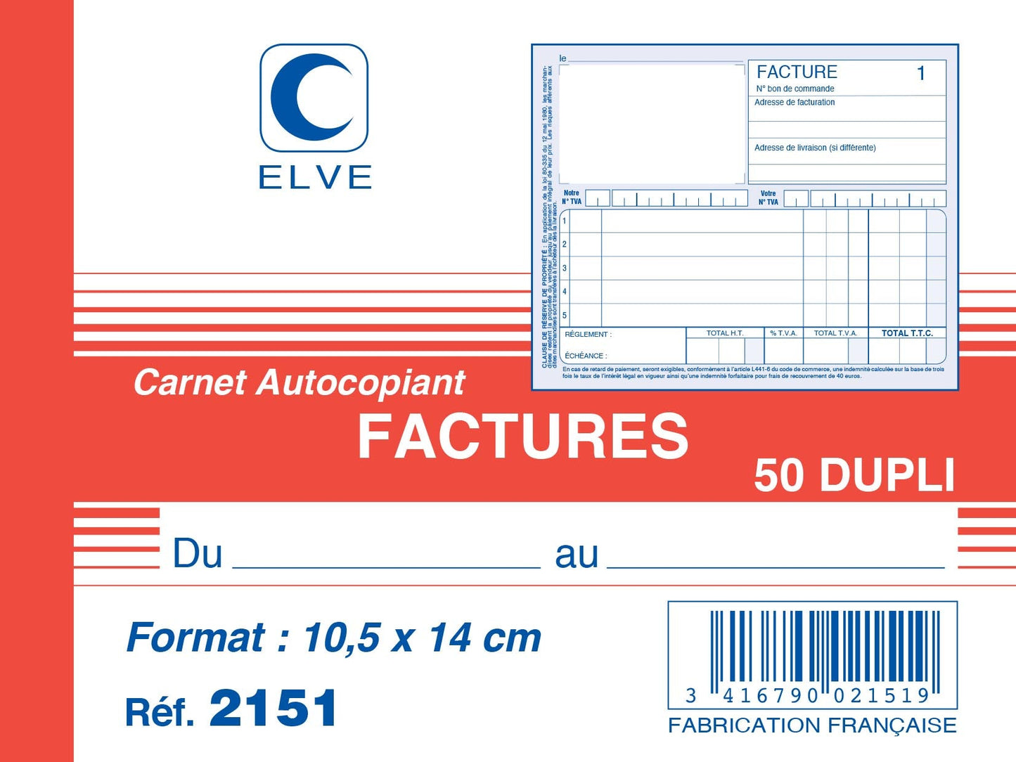 Ref: 2151 - Carnet "Factures avec TVA" - A6 - 50 dupli - vendu par 10