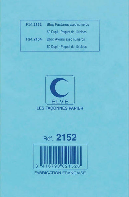 Ref: 2152 - Carnet "Factures sans TVA" - 100 x 155 - 50 dupli - vendu par 10