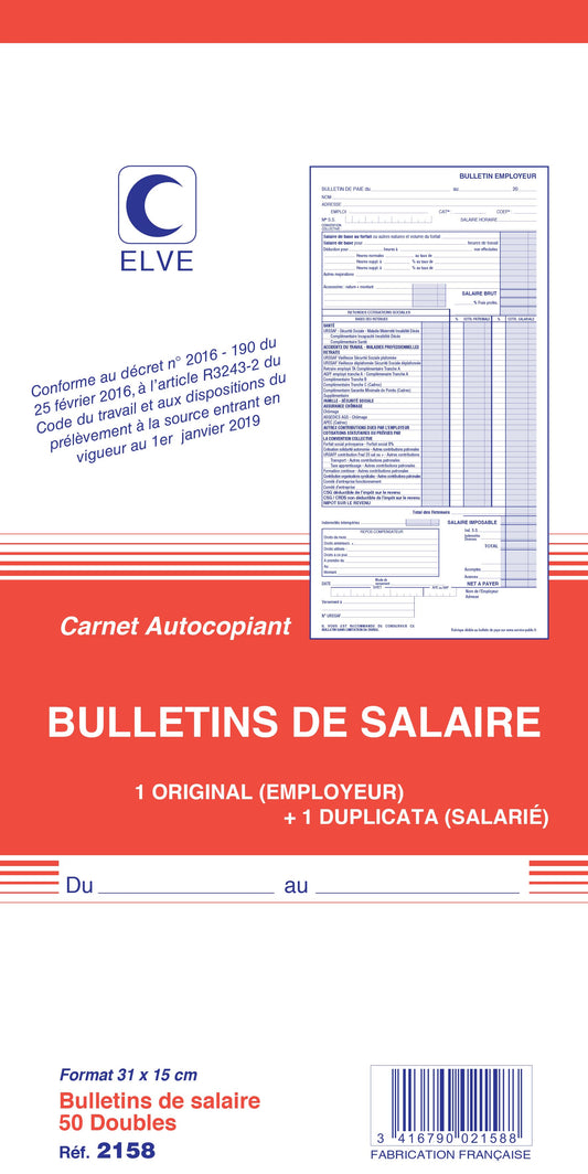 Ref: 2158 - Carnet "Bulletins de salaire simplifiés" - 310 x 150 mm - 50 dupli - vendu par 5
