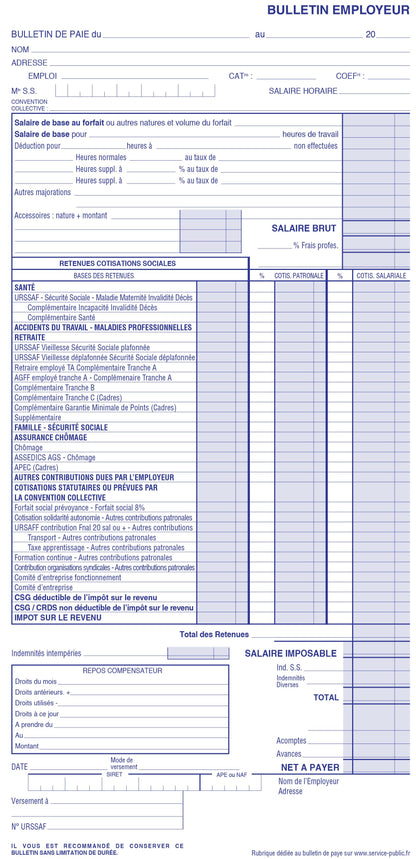 Ref: 2158 - Carnet "Bulletins de salaire simplifiés" - 310 x 150 mm - 50 dupli - vendu par 5