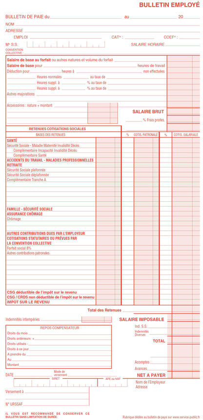 Ref: 2158 - Carnet "Bulletins de salaire simplifiés" - 310 x 150 mm - 50 dupli - vendu par 5
