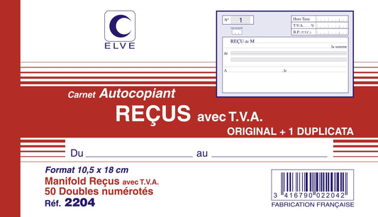 Ref: 2204 - Carnet "Reçus avec TVA" - 105 x 180 - 50 dupli - vendu par 10