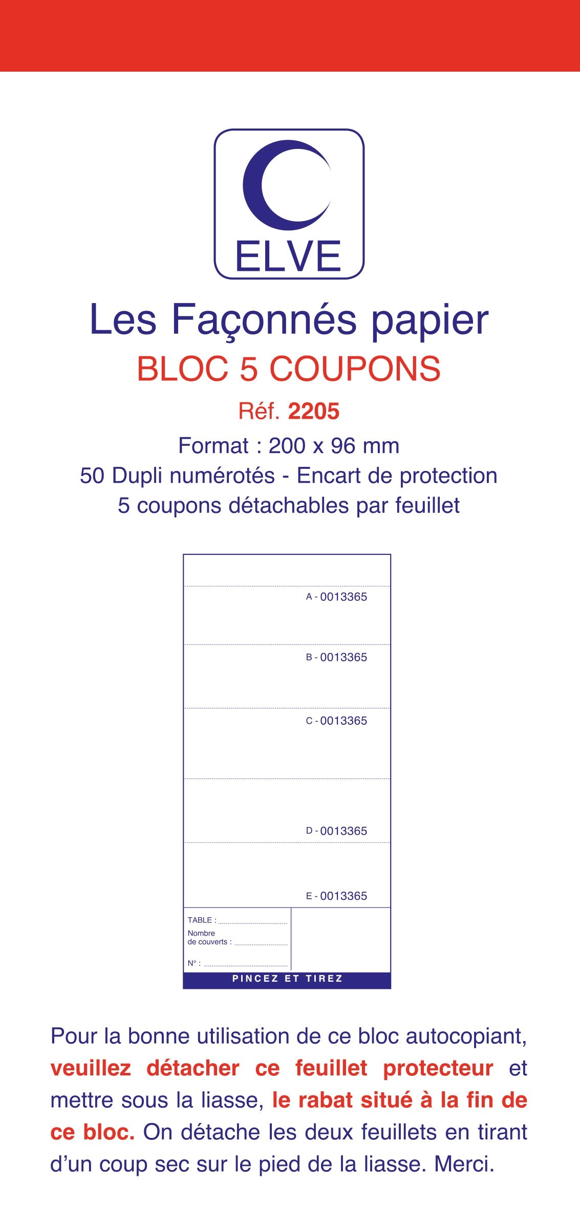 Ref: 2205 - Lot 10 blocs "5 coupons numérotés" - 200 x 96 - 50 dupli