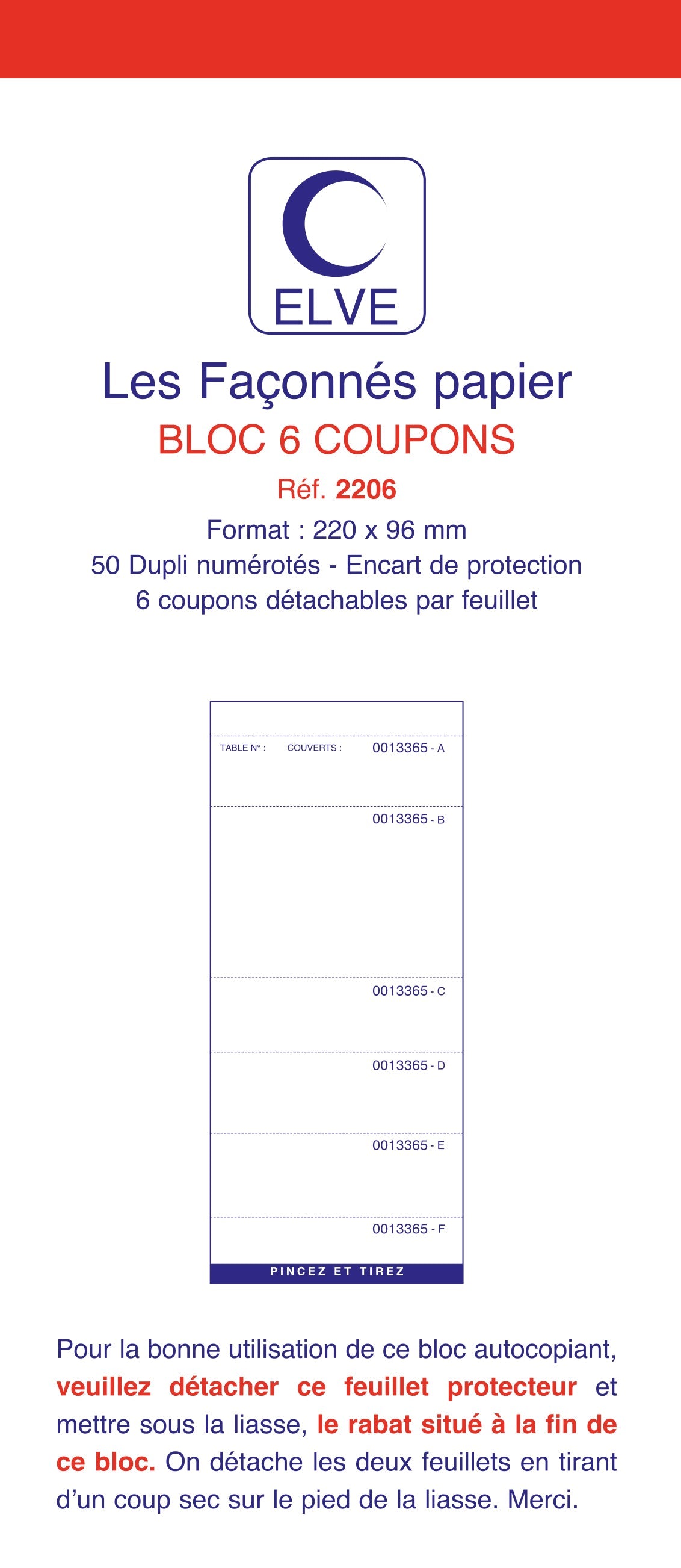 Ref: 2206 - Lot de 10 blocs "6 coupons numérotés - 220 x 96 - 50 dupli - V