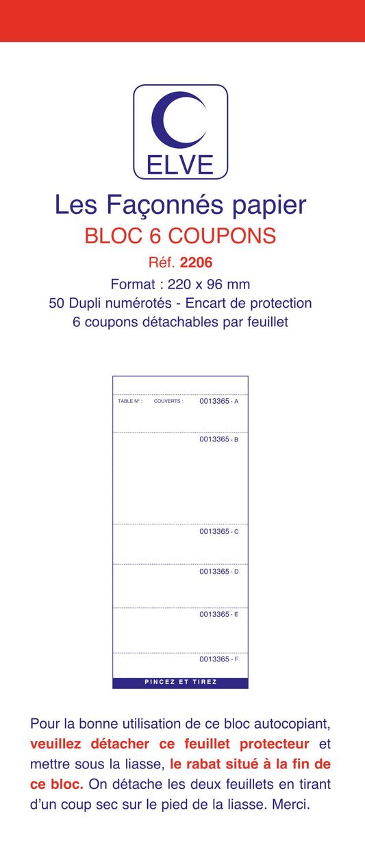 Ref: 2206 - Lot de 10 blocs "6 coupons numérotés - 220 x 96 - 50 dupli - V