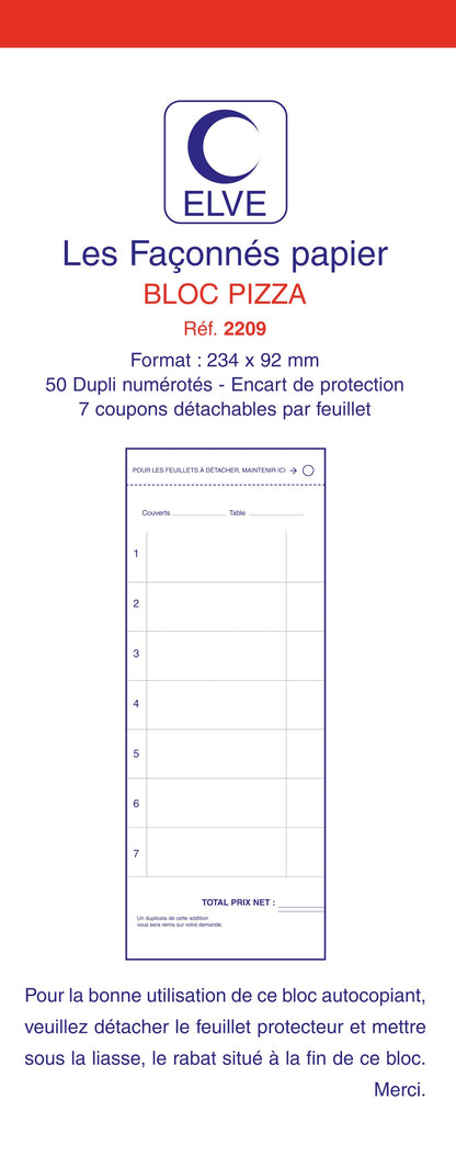 Ref: 2209 - Lot de 10 blocs "Pizza 7 coupons + total numérotés" - 234 x 92 - 50 dupli -