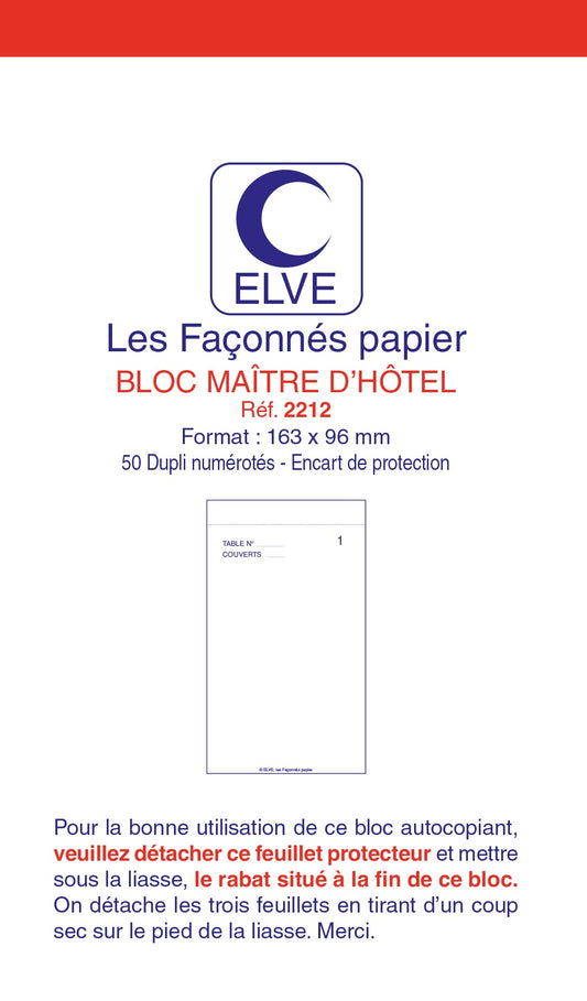 Ref: 2212 - Lot de 10 blocs "maître d'hôtel numérotés" - 165 x 96 - 50 dupli -