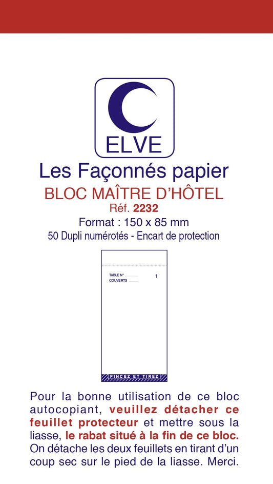Ref: 2232 - Lot de 10 blocs "maître d'hôtel" numérotés" - 150 x 85 - 50 dupli -