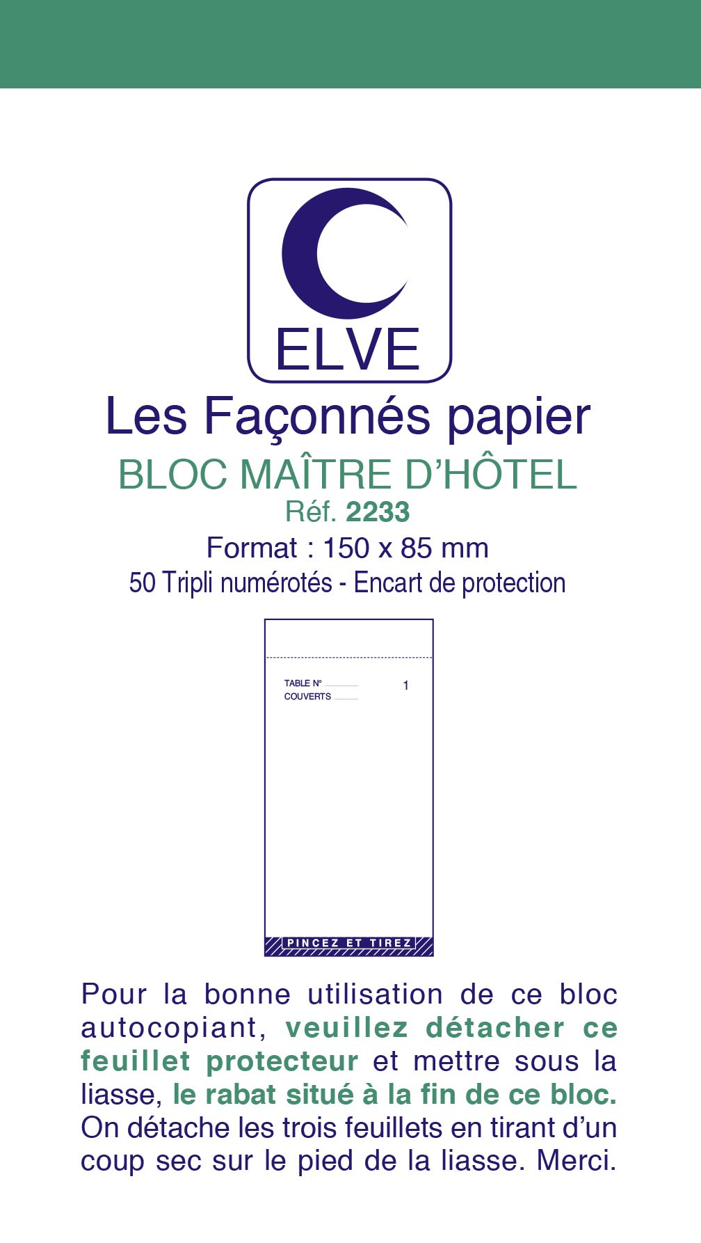Ref: 2233 - Lot de 10 blocs maître d'hôtel numérotés" - 150 x 85 - 50 tripli -