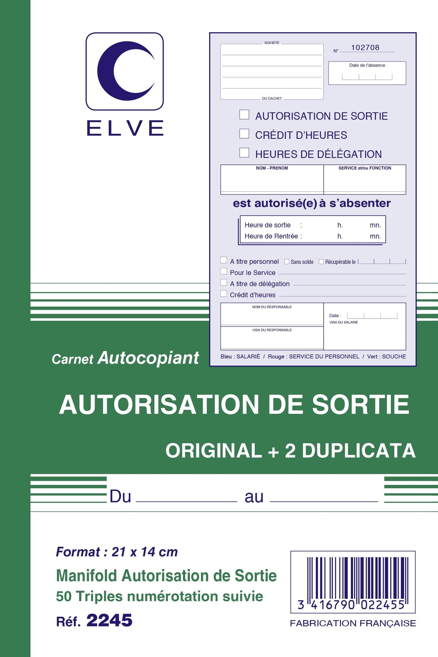 Ref: 2245 - Carnet "Autorisation de sortie" - A5 - 50 tripli -  vendu par 10