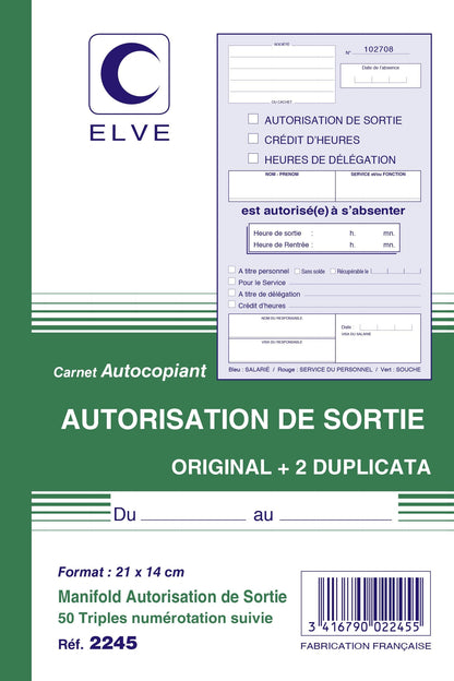 Ref: 2245 - Carnet "Autorisation de sortie" - A5 - 50 tripli -  vendu par 10