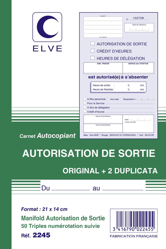 Ref: 2245 - Carnet "Autorisation de sortie" - A5 - 50 tripli -  vendu par 10