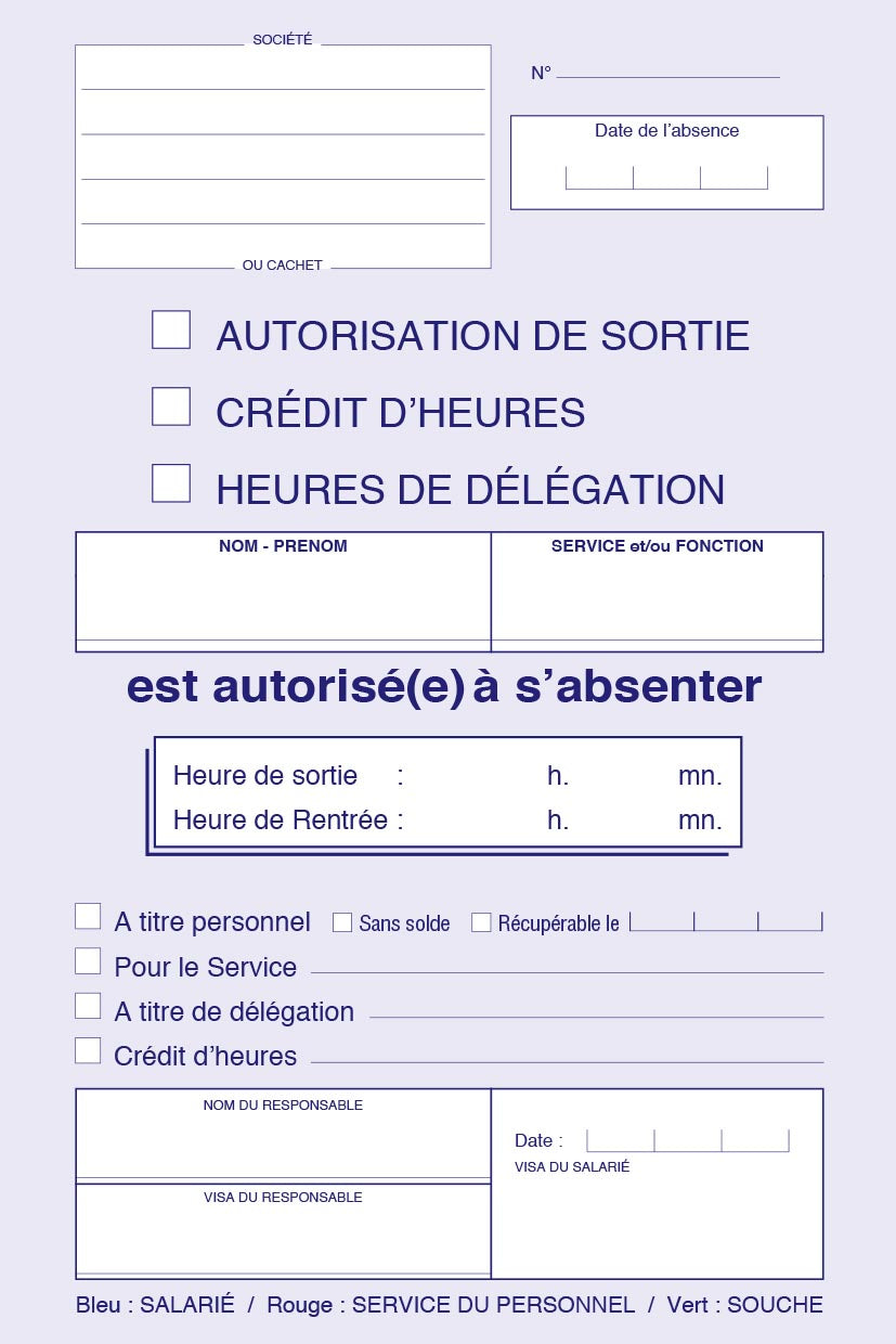 Ref: 2245 - Carnet "Autorisation de sortie" - A5 - 50 tripli -  vendu par 10