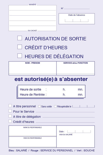 Ref: 2245 - Carnet "Autorisation de sortie" - A5 - 50 tripli -  vendu par 10