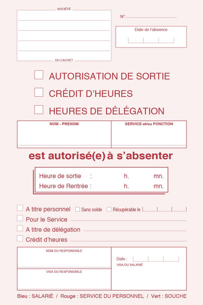 Ref: 2245 - Carnet "Autorisation de sortie" - A5 - 50 tripli -  vendu par 10