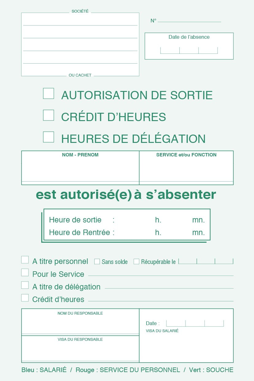 Ref: 2245 - Carnet "Autorisation de sortie" - A5 - 50 tripli -  vendu par 10