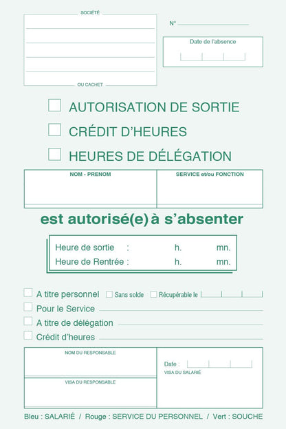 Ref: 2245 - Carnet "Autorisation de sortie" - A5 - 50 tripli -  vendu par 10