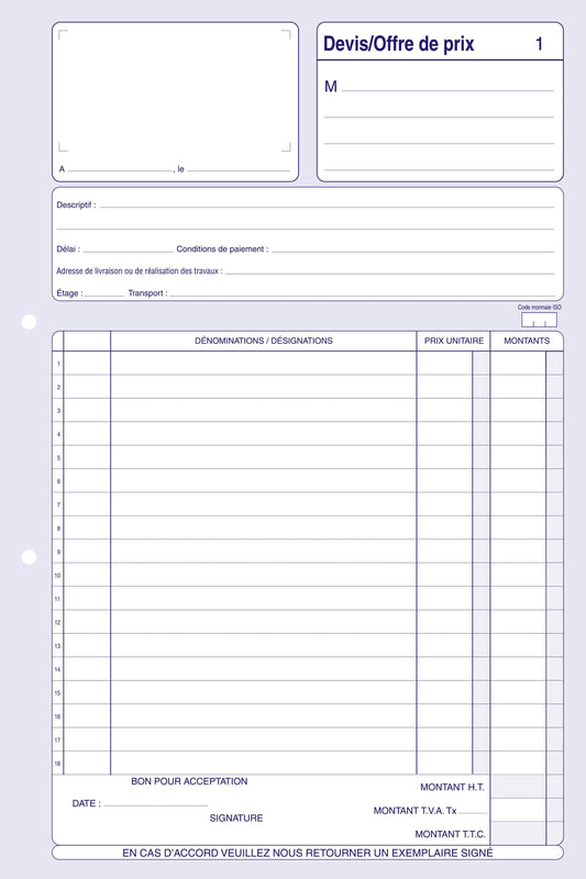 Ref: 2300 - Carnet "Devis" - A4 - 50 dupli - Vendu par 5