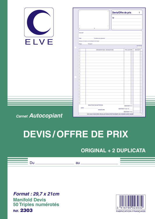 Ref: 2303 - Carnet "Devis" - A4 - 50 tripli - Vendu par 5