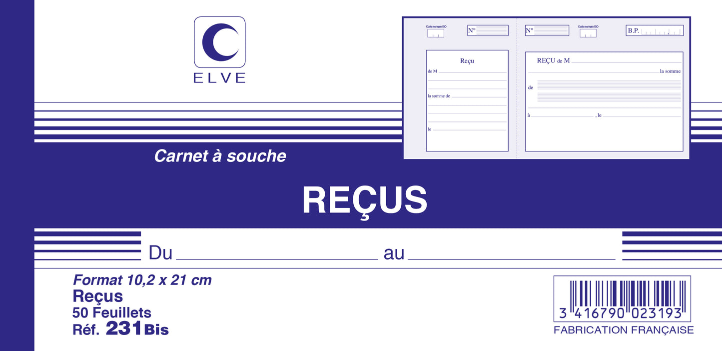 Carnet à souche "Reçus sans TVA"  Ref: 231BIS