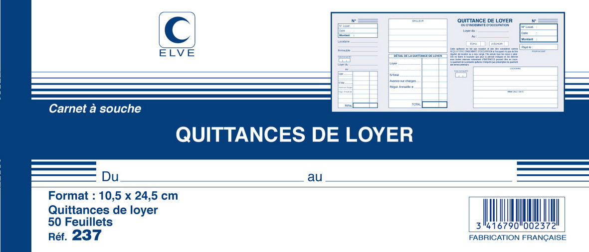 Ref: 237 - Carnet à souche "Quittances de loyer" 105x245 - 50 feuillets - vendu par 10