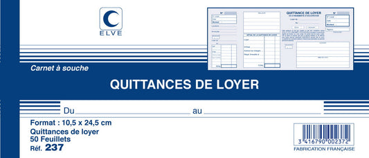Ref: 237 - Carnet à souche "Quittances de loyer" 105x245 - 50 feuillets - vendu par 10