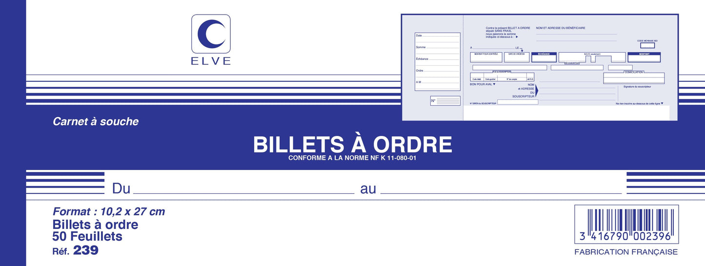 Ref: 239 - Carnet à souche "Billets à ordre" 102x270 - 50 feuillets - vendu par 10