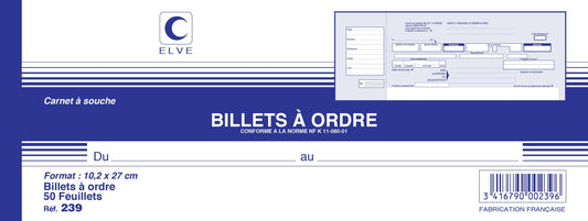 Ref: 239 - Carnet à souche "Billets à ordre" 102x270 - 50 feuillets - vendu par 10