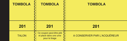 Ref: 253 - Lot de 10 blocs tombola jaunes numérotés - 50x150 - 100 feuillets