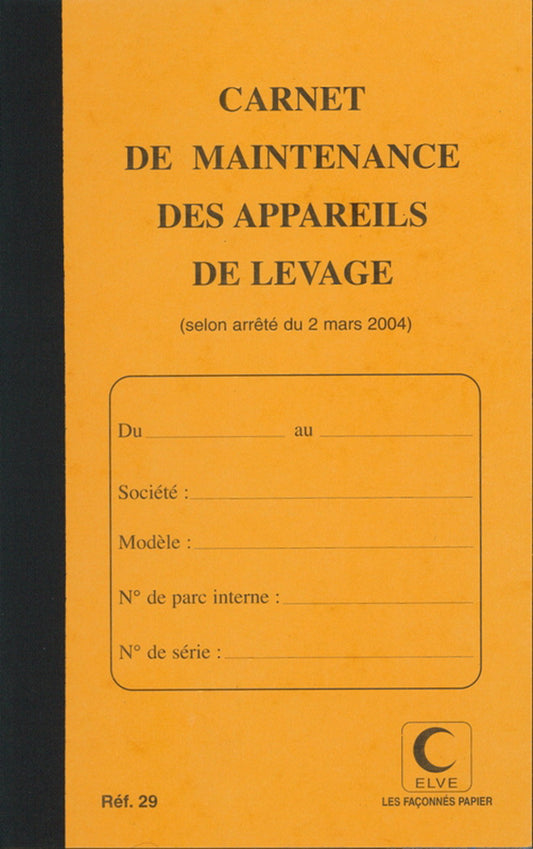 Carnet de maintenance ( Appareil de levage) protège-cahier cristal - Ref : 29
