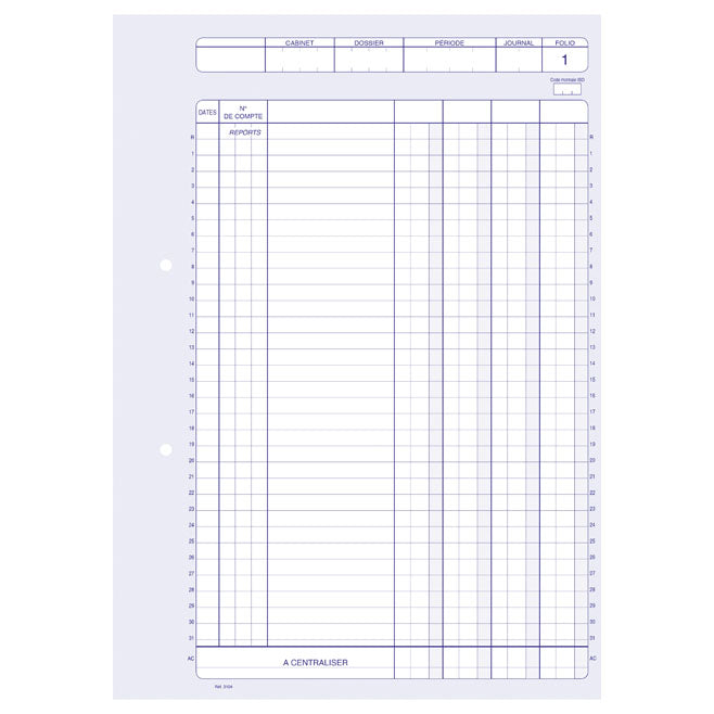 Ref: 3104 - Carnet "Journal de ventilation 4 colonnes" - 297 x 210 - 50 dupli - vendu par 5