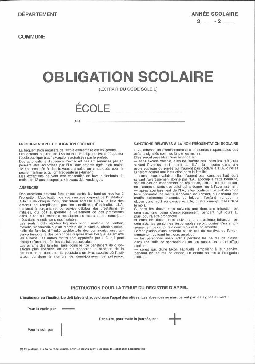 Registre Cahier d'appel journalier non entaillé - Ref : 36286