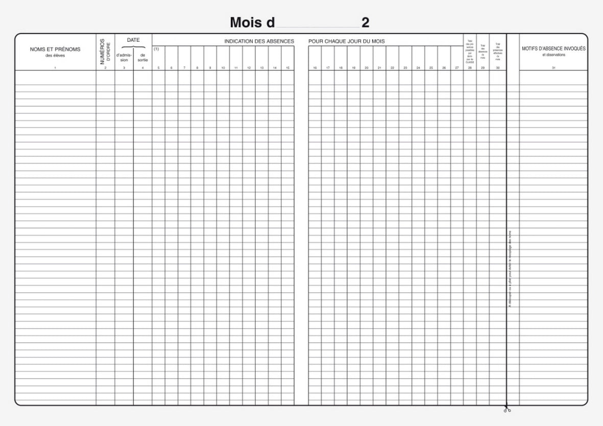 Registre Cahier d'appel journalier non entaillé - Ref : 36286