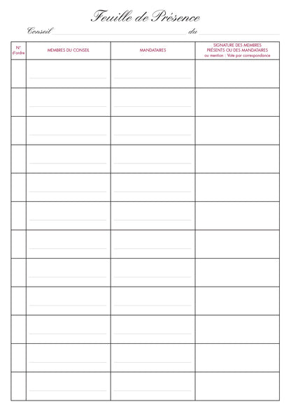 Registre présence au conseil - Ref : 41001