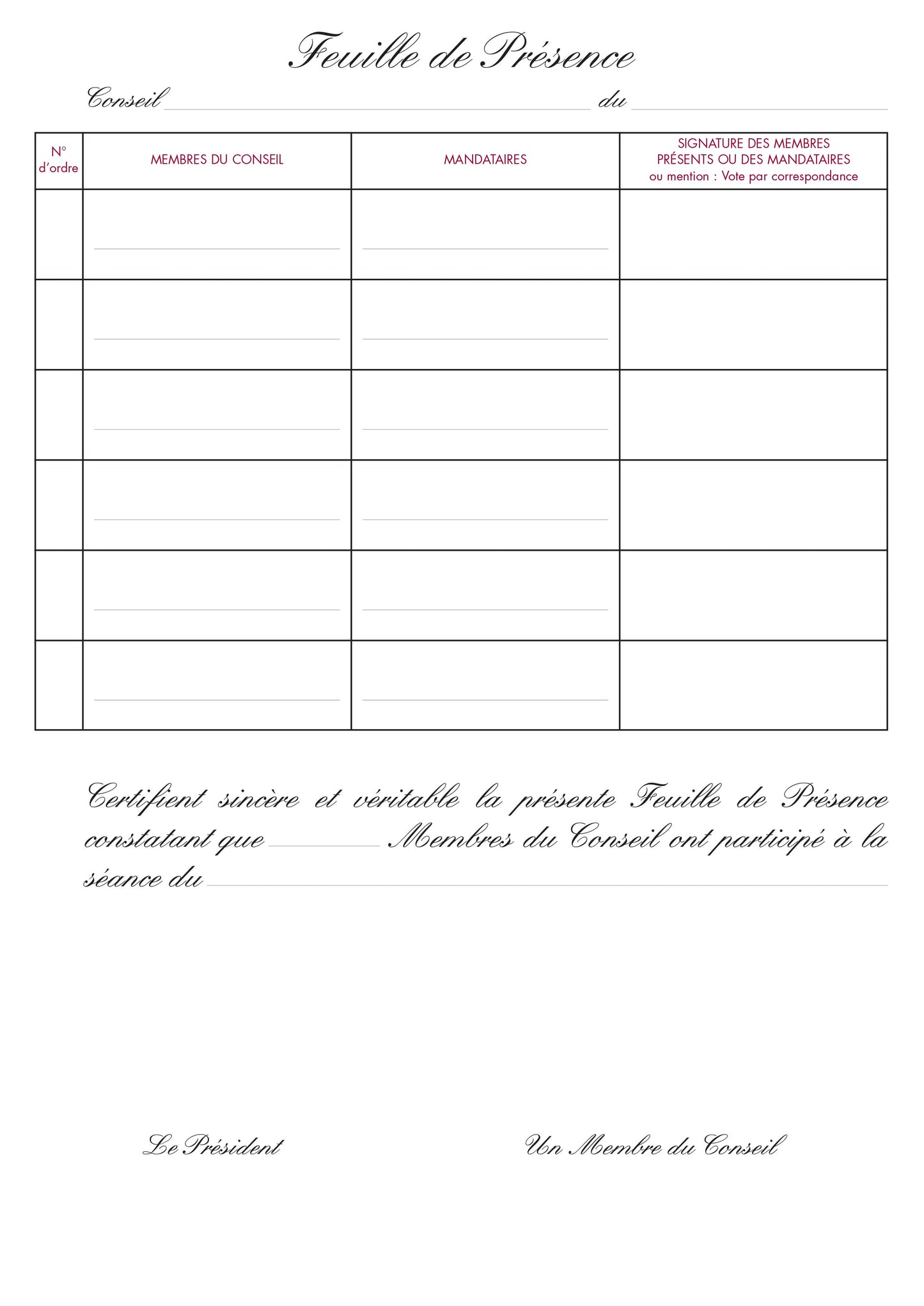 Registre présence au conseil - Ref : 41001