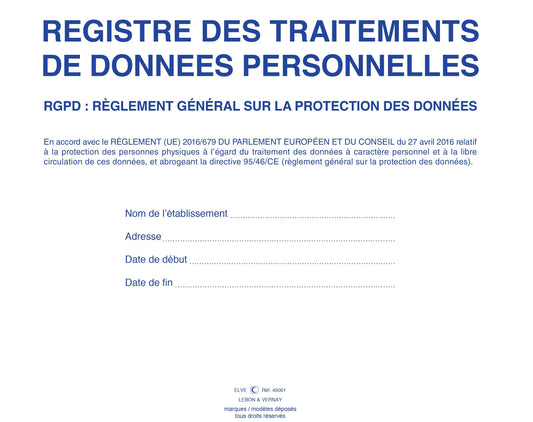 Ref: 45001 - Registre des traitements RGPD A4Y 60 pages foliotées