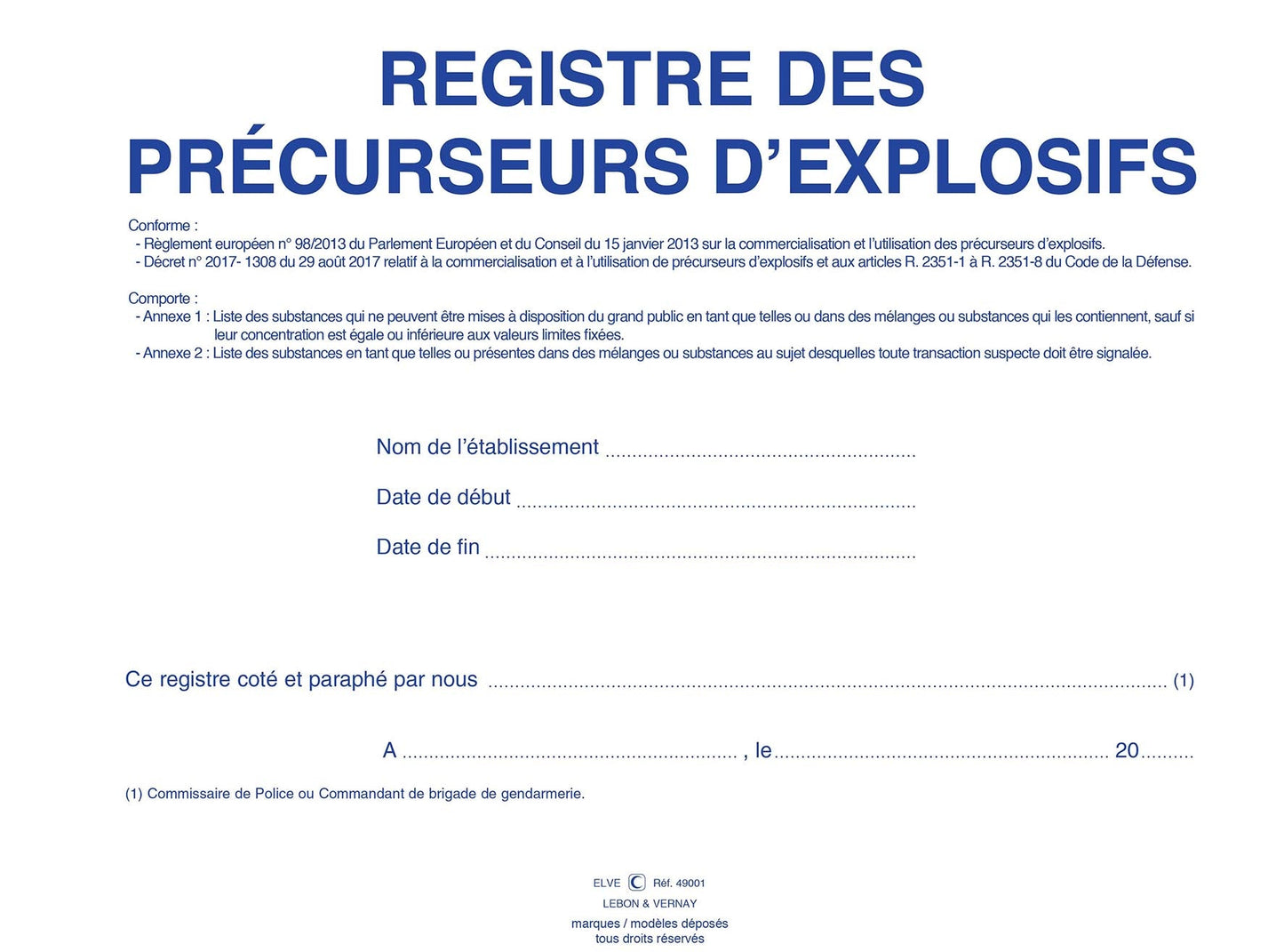 Ref: 49001 - Registre des précurseurs d'explosifs A4Y 96 pages foliotées