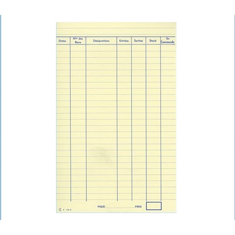 Ref: B125D - Fiches bristol "Inventaire -Mouvements de Stocks" Blanc 125x200 Imprimées Recto- Verso (100 fiches)