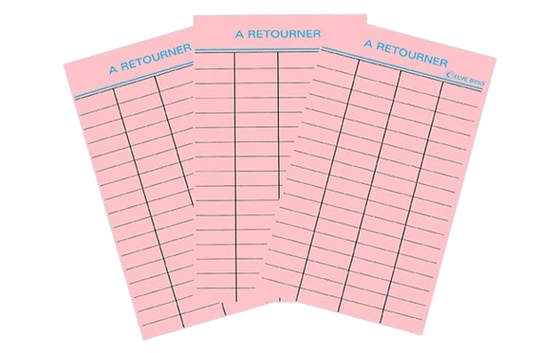 Ref: B753R - Fiches Bristol Bibliothèque Rose "A RETOURNER" 125x75 (100 fiches)
